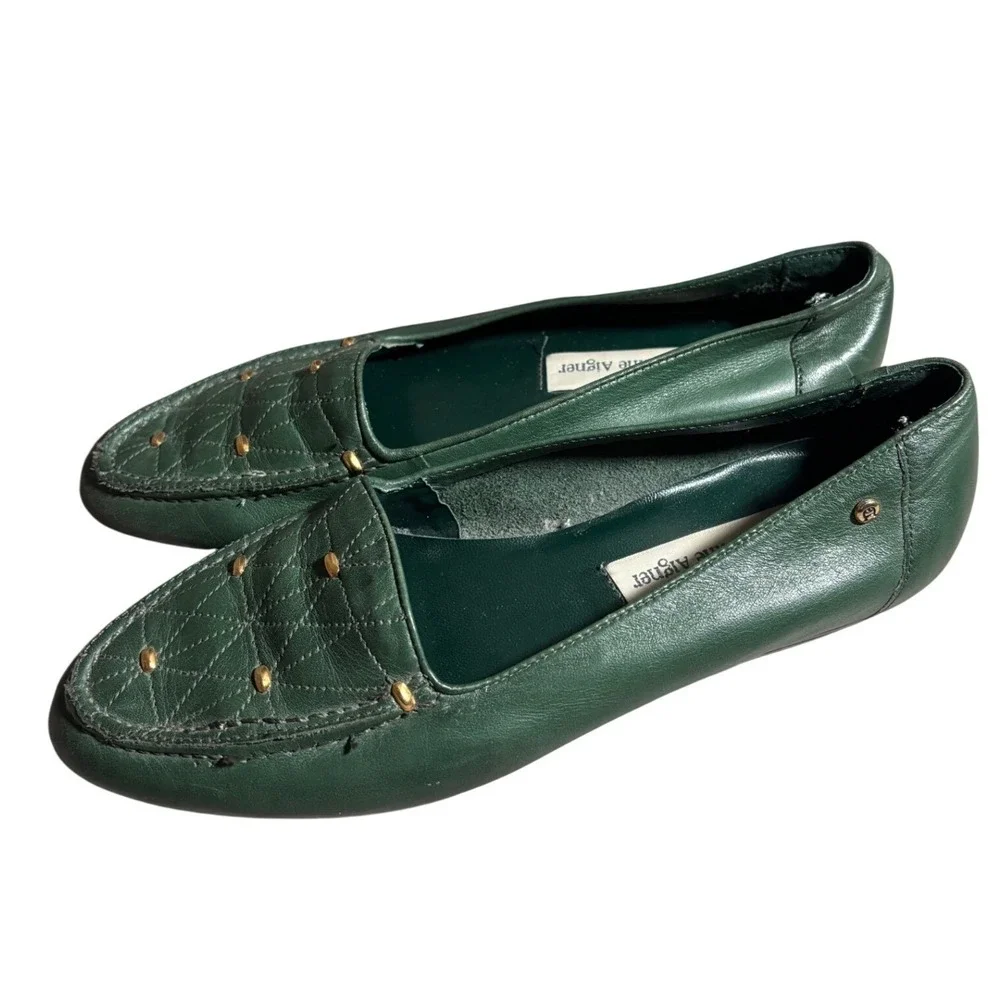 Etienne Aigner 7M Green Leather Quilted Studded Loafers Flats Old Money Festival